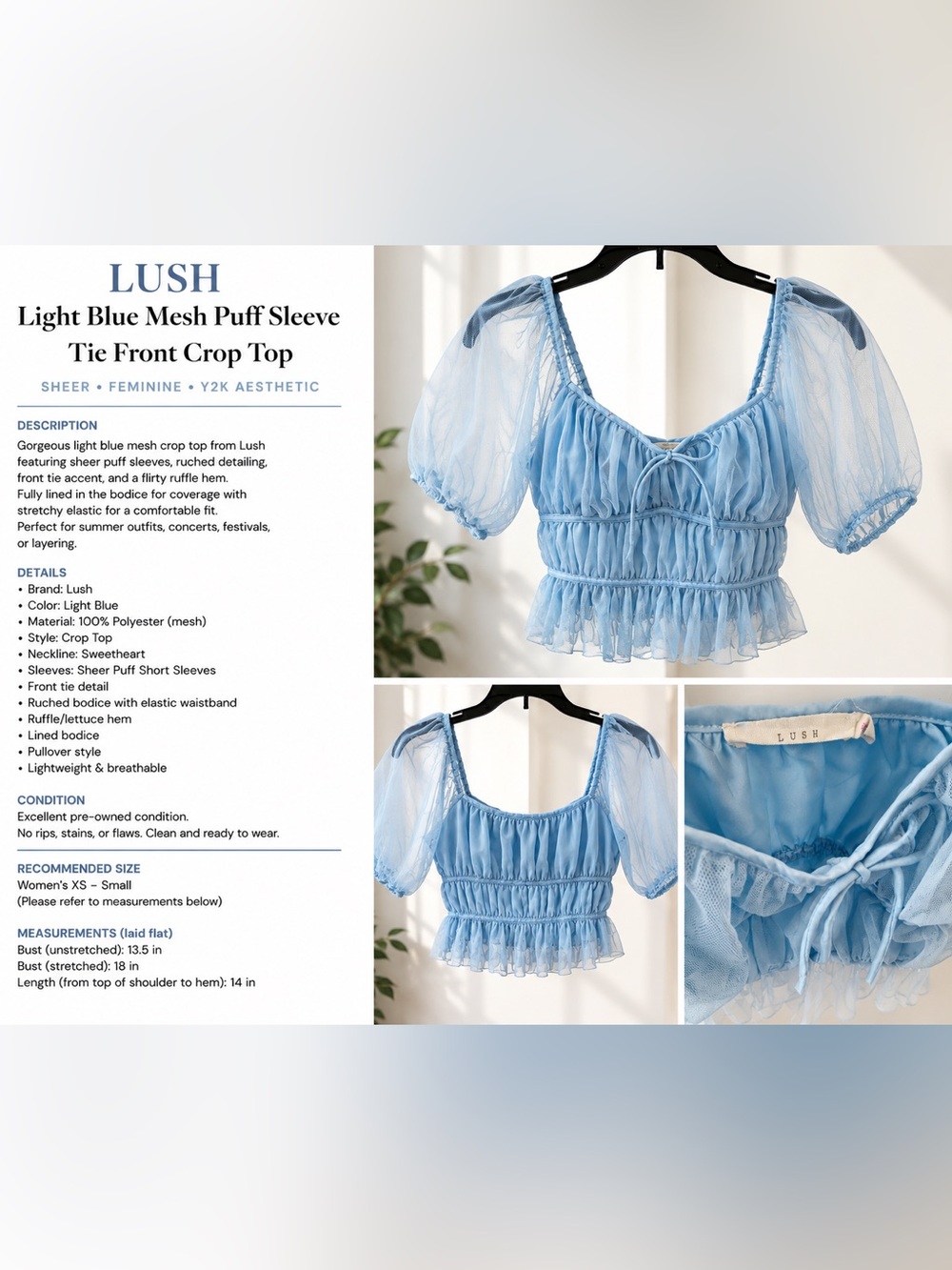 Lush Light Blue Mesh Puff Sleeve Ruched Tie Front Ruffle Crop Top Y2K. Small